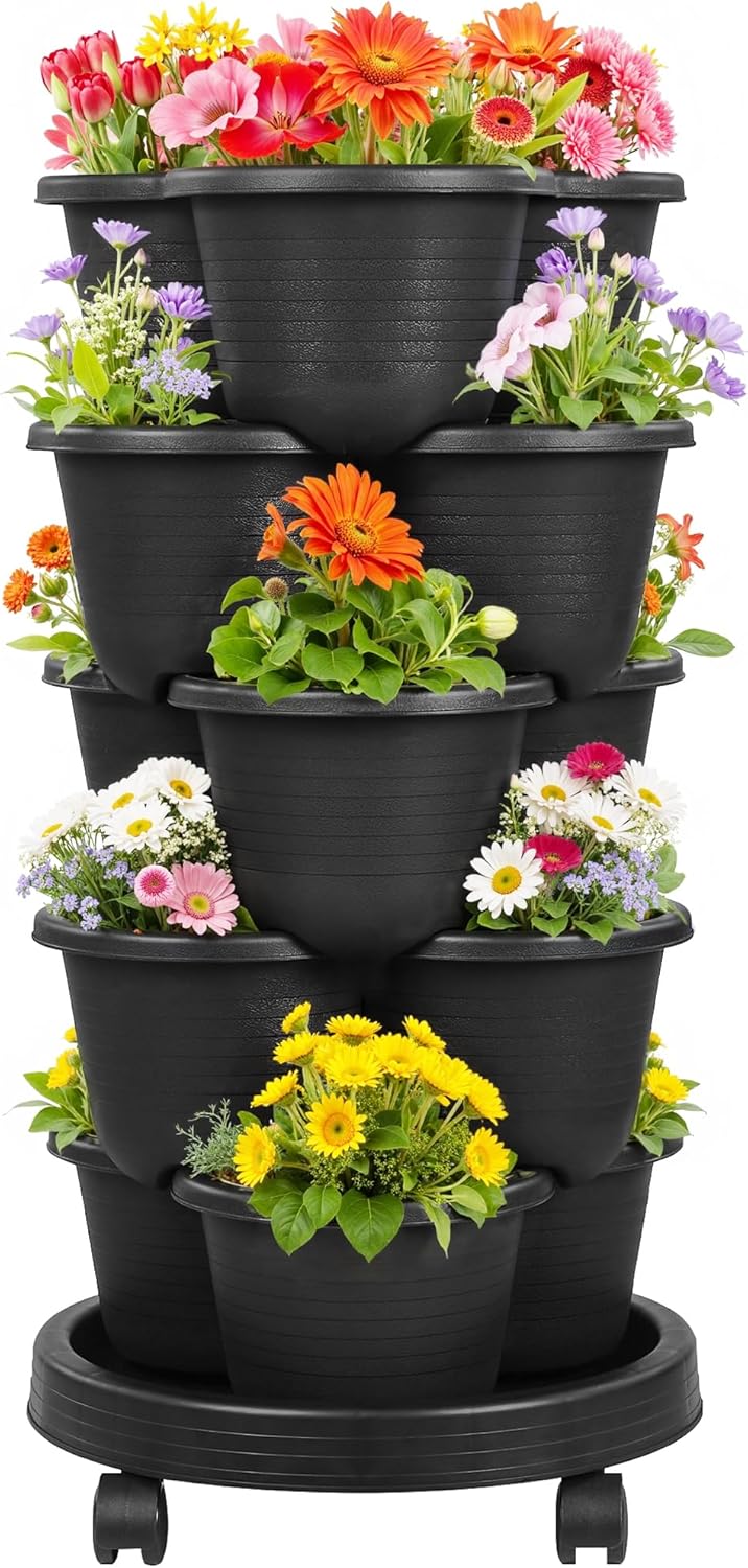 VECELO 5 Tier Vertical Garden Planter, Self Watering Stackable Planters with Wheels for Strawberries, Herbs, Flowers, Vegetables, Black
