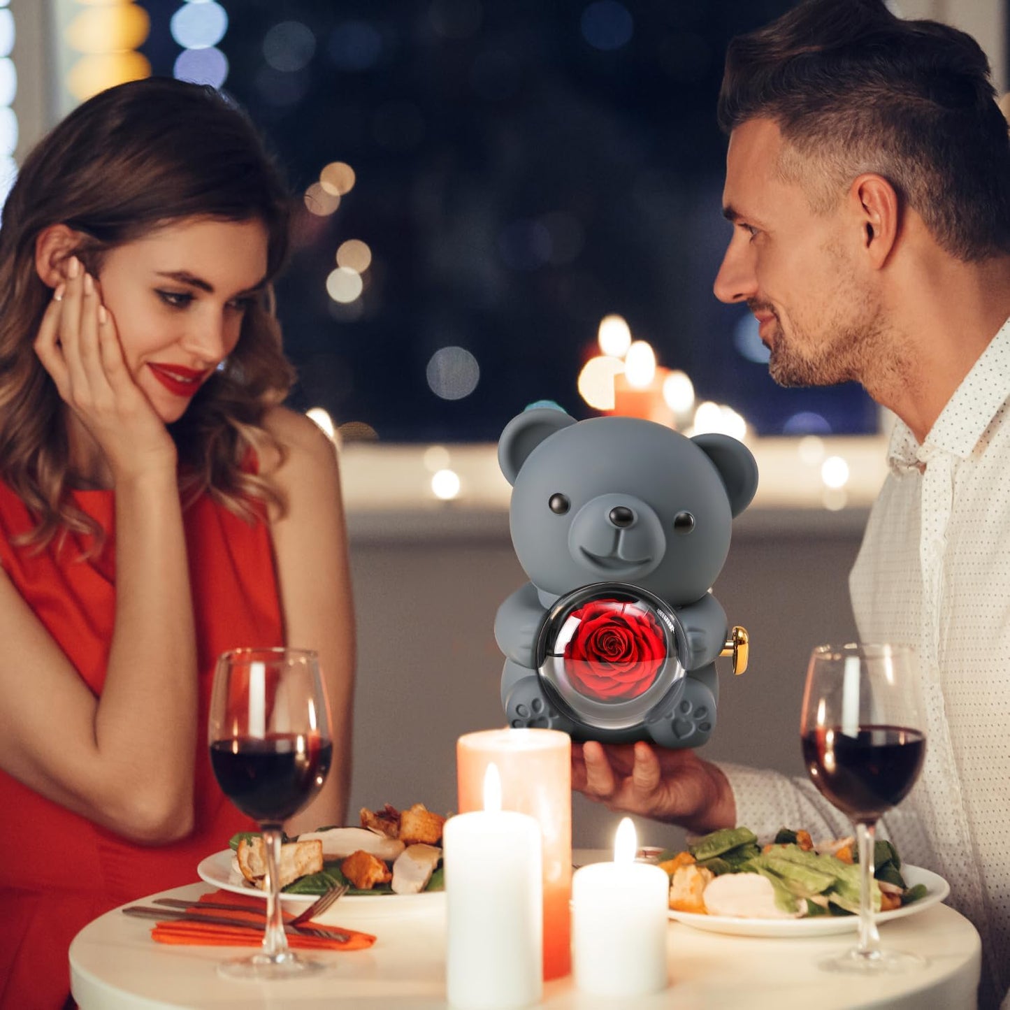 Cute Teddy Bear with Preserved Rose - A Real Rose Flower in Bear with Elegant Gift Box - Romantic Gift for Her in Mother's Day, Weddings, Anniversaries, and Bridal Showers (Grey)