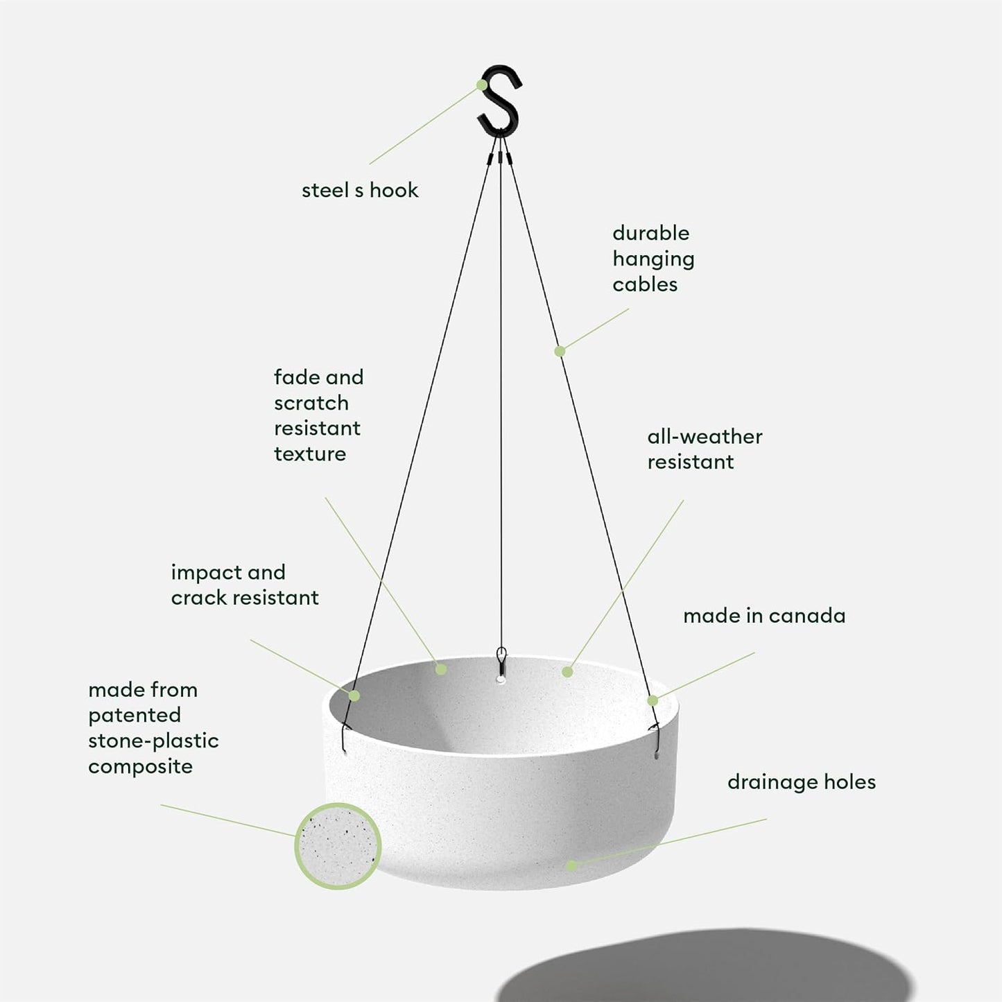 Veradek Mason Series Hanging Kona Planter - Round Planter for Outdoor Balcony/Patio | Made from Plastic-Stone Composite with Hanging Attachment | Modern Décor for, Flowers, Succulents, Small Plants