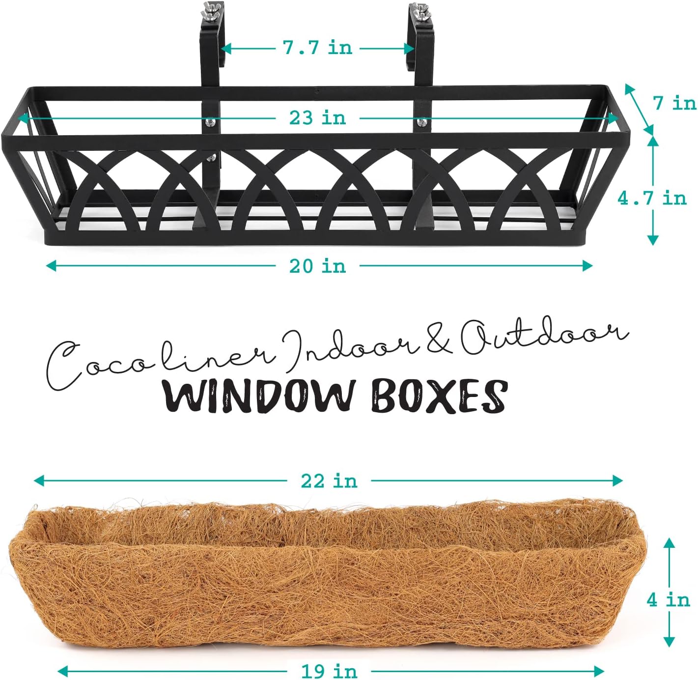 Window Box Railing, 24 Inch Black Metal Hanging Flower Planter Basket with Coco Liner for Outdoor Balcony Porch Fence Patio for Home, Office and Hotel (Black - 2 Pcs/Set)