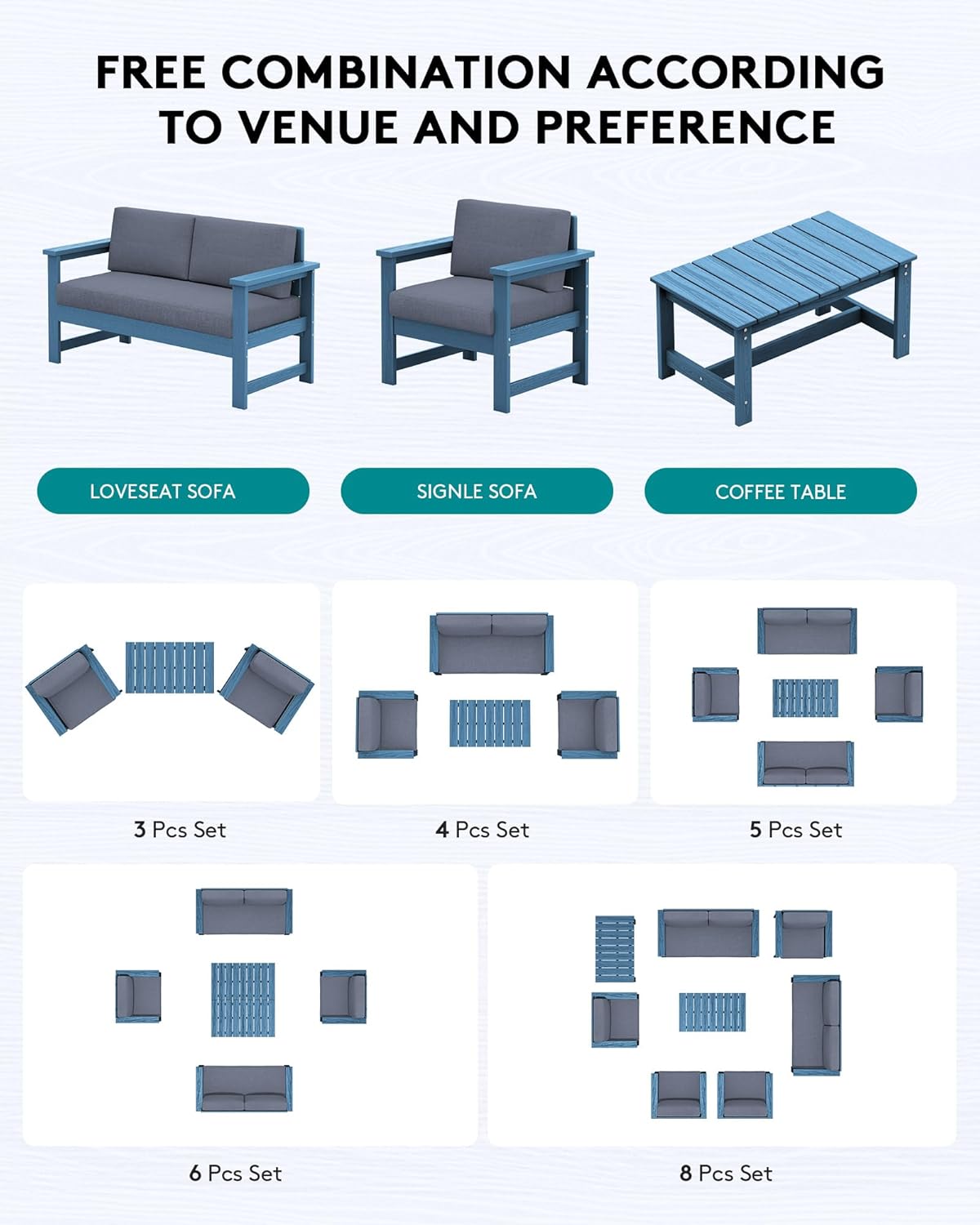 SERWALL 6 Pieces HDPE Outdoor Conversation Sofa Set with Cushions, All Weather Couch Loveseat Furniture with Coffee Table and Cushion, Outdoor Social Sofa Set, Blue Frame with Grey Cushions