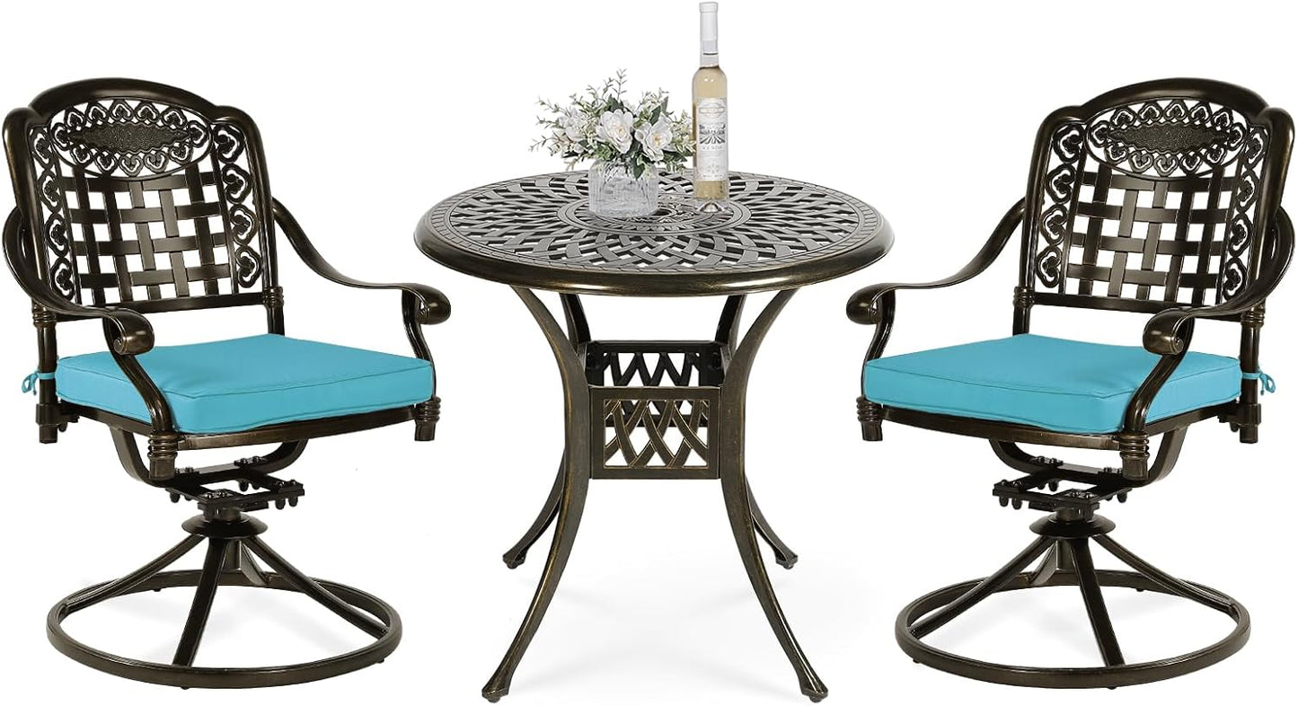 VIVIJASON 3-Piece Patio Bistro Set, Outdoor All-Weather Cast Aluminum Furniture Dining Set, Include 2 Swivel Chairs and 31" Round Table w/Umbrella Hole for Balcony, Lawn, Garden (Ocean Blue Cushion)
