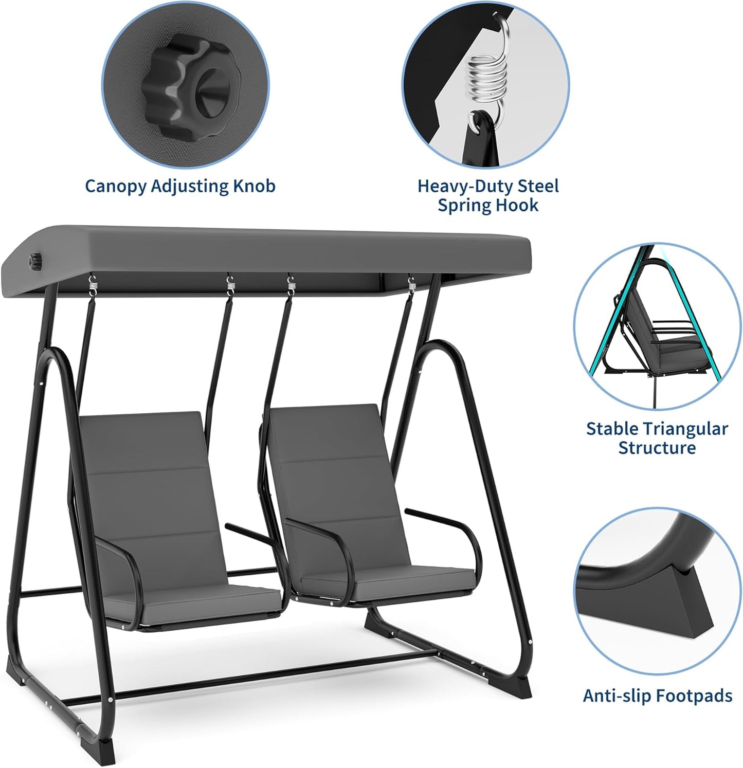 2 Person Outdoor Patio Swing Glider with Adjustable Canopy & Removable Cushions, Heavy-Duty Independent Porch Swing Chairs for Garden, Balcony, Poolside, Backyard – Dark Grey