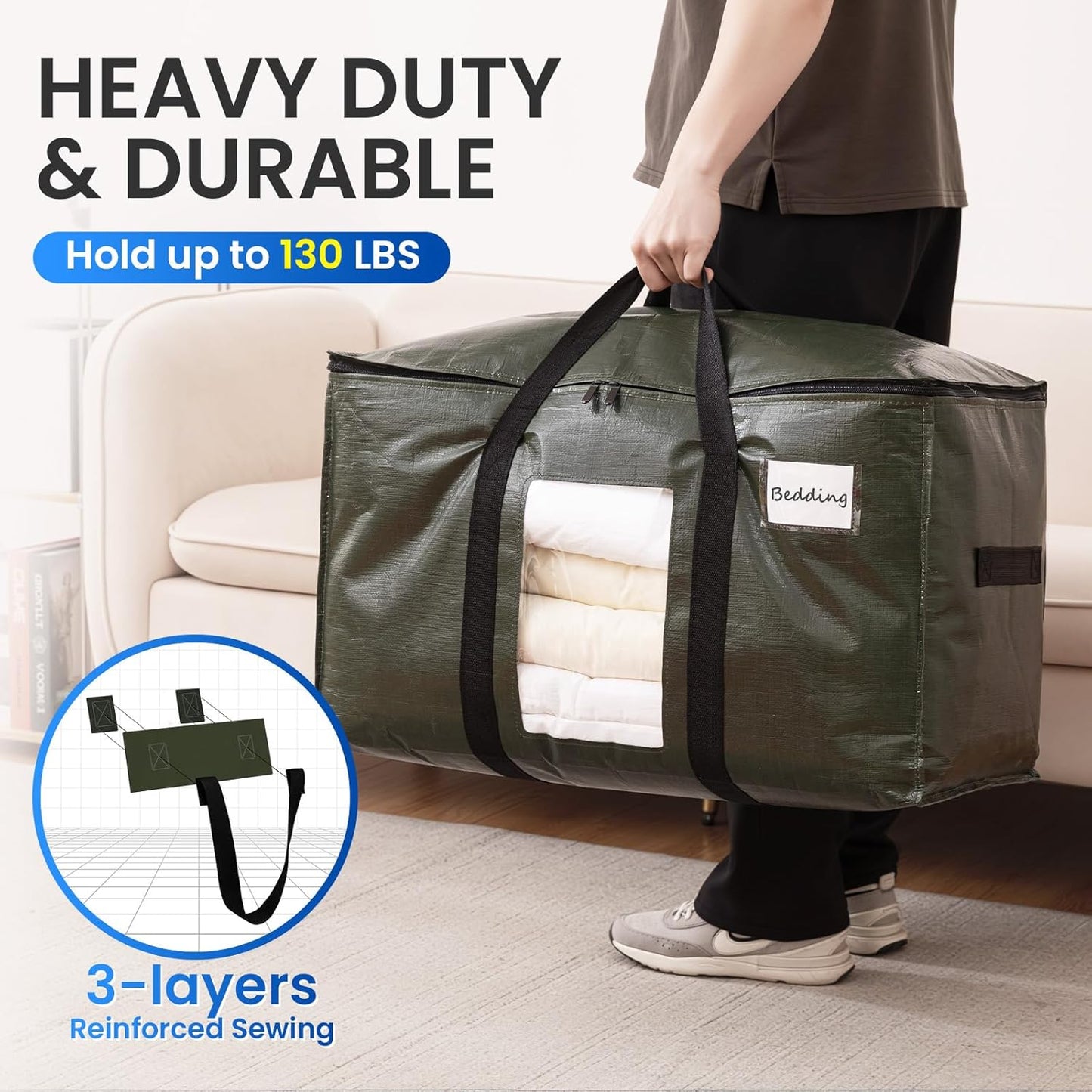 TAILI 12 Pack Green Extra Large Storage Bags, Heavy Duty Totes with Visible Window, Wrap Around Handles, Perfect for Moving and Storage