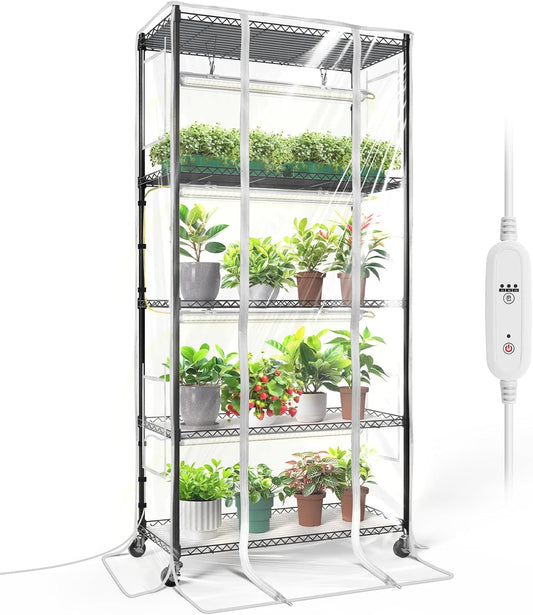 Indoor Greenhouse with Grow Light, Mini Green house with 4 Pack T8 Full Spectrum Plant Lights with Timer, Plant Shelf with Tent for Indoor Plant, Seed Starting, Seed Tray, 29.5"x13.8"x59"