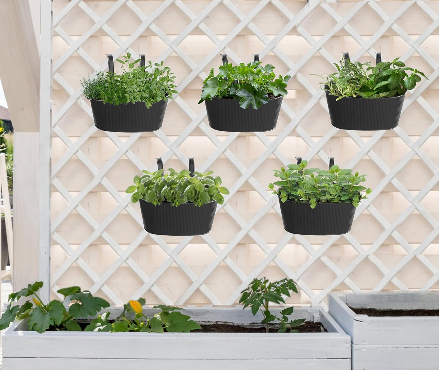 Mkono Metal Railing Planter Box 5 Pack Balcony Hanging Planter for Outdoor Plants with Detachable Hooks and Drain Holes Fence Planters for Any Balcony, Porch or Deck (5, Small)