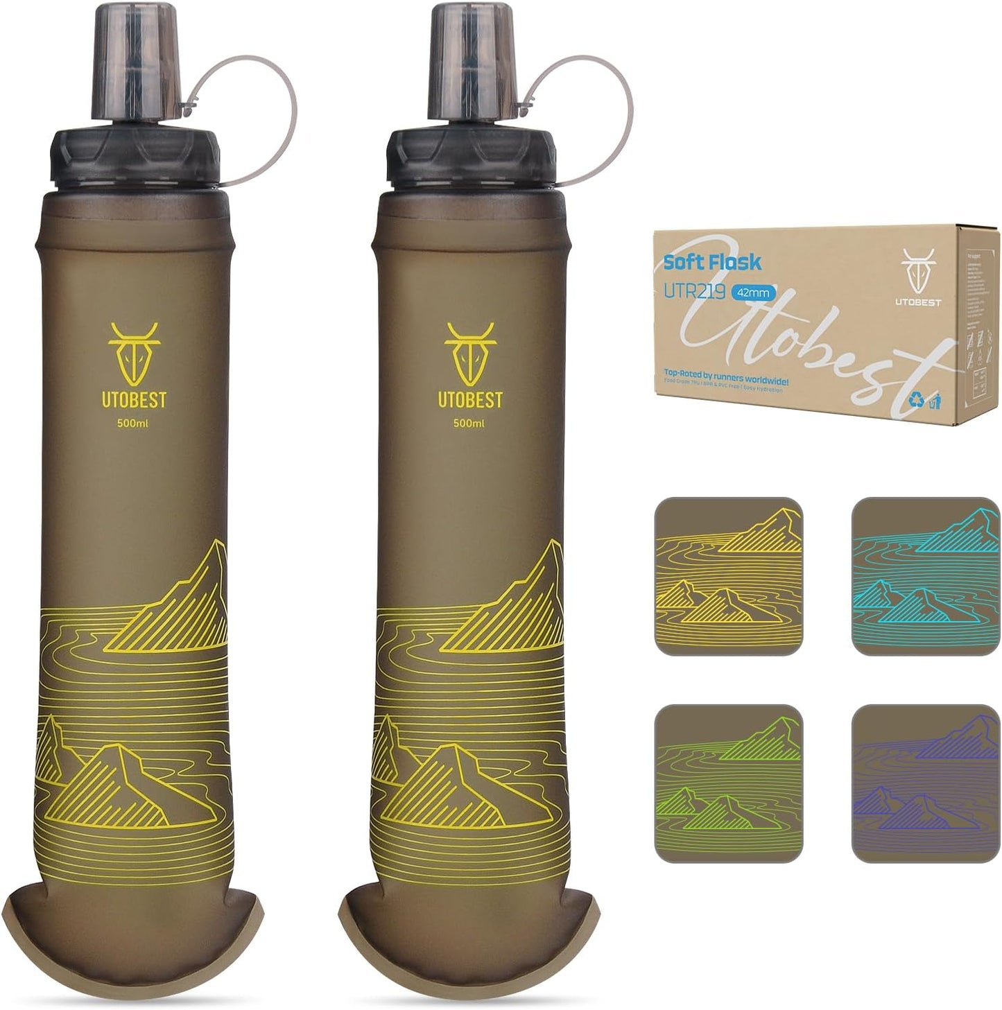 UTOBEST 500ml Soft Flask, 2 Pack Flexible TPU Hydration Water Bottle, Collapsible with 42mm Caliber for Running, Hiking, Cycling, Climbing, and Marathon Yellow