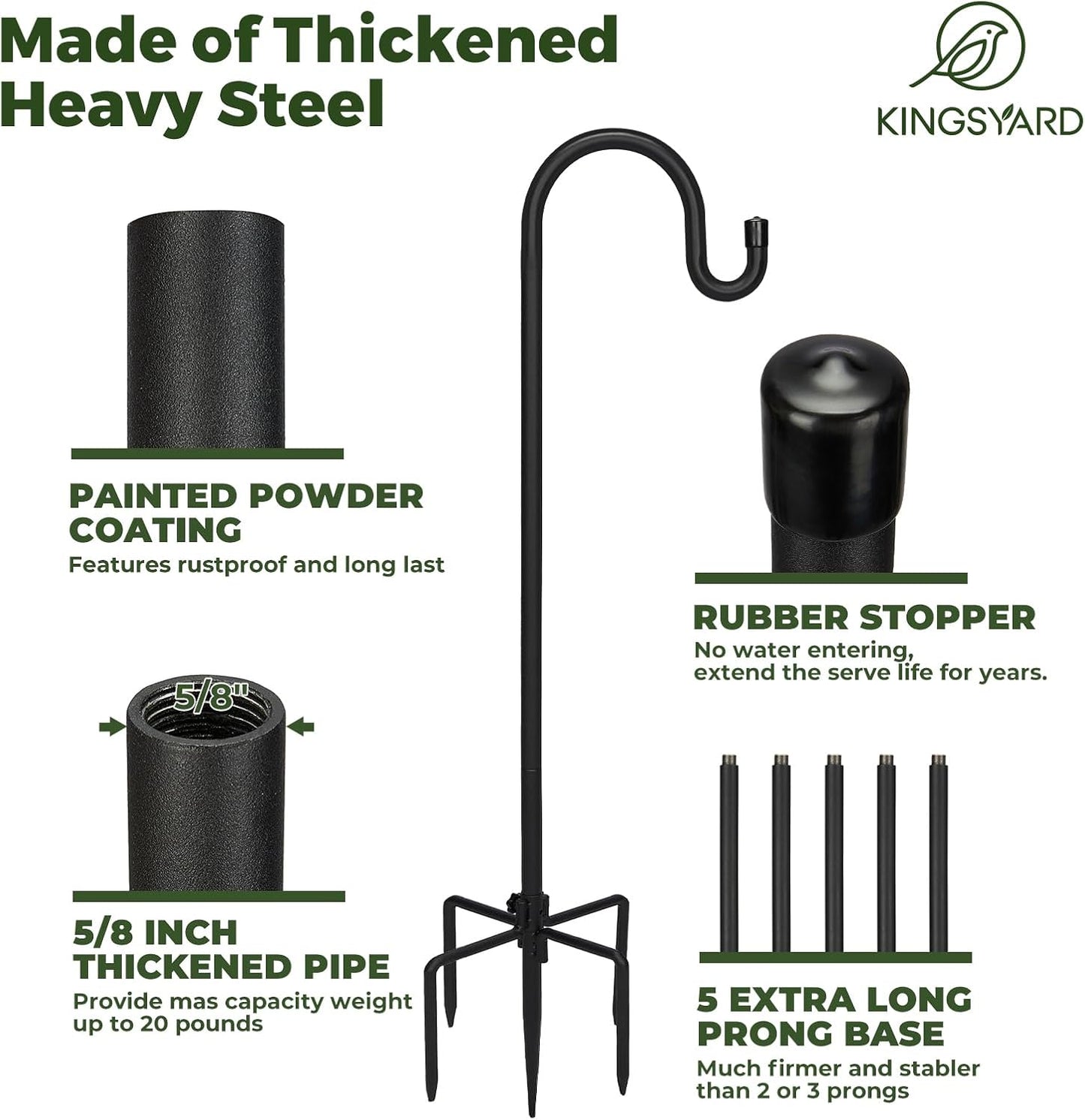 Kingsyard Adjustable Shepherd Hooks for Outdoor - 92 INCH Heavy Duty Bird Feeder Pole with 5 Prong Base, Hummingbird Feeder Stand, Garden Plant Baskets, Weddings Decor, Solar Light Lanterns