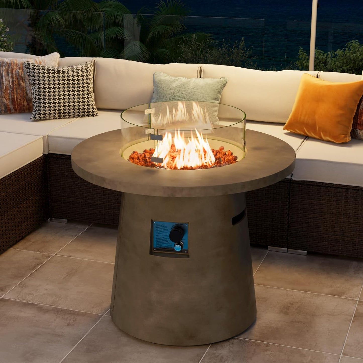 COSIEST 31.5-inch Round Fire Pit, Magnesium Oxide Outdoor Propane Fire Table, CSA Certified, 40,000 BTU Stainless Steel Burner, Free Lava Rocks, Fits 20lb Tank Inside