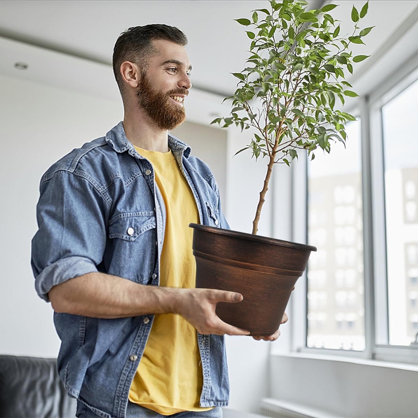 Plant Planters Pots Set of 4 Pack 13 Inch，Large Plastic Flower Pot for Indoor Plants with Drainage Holes & Trays, Resin Decorative Container Sets with Saucer for House Outdoor Garden Plant Copper