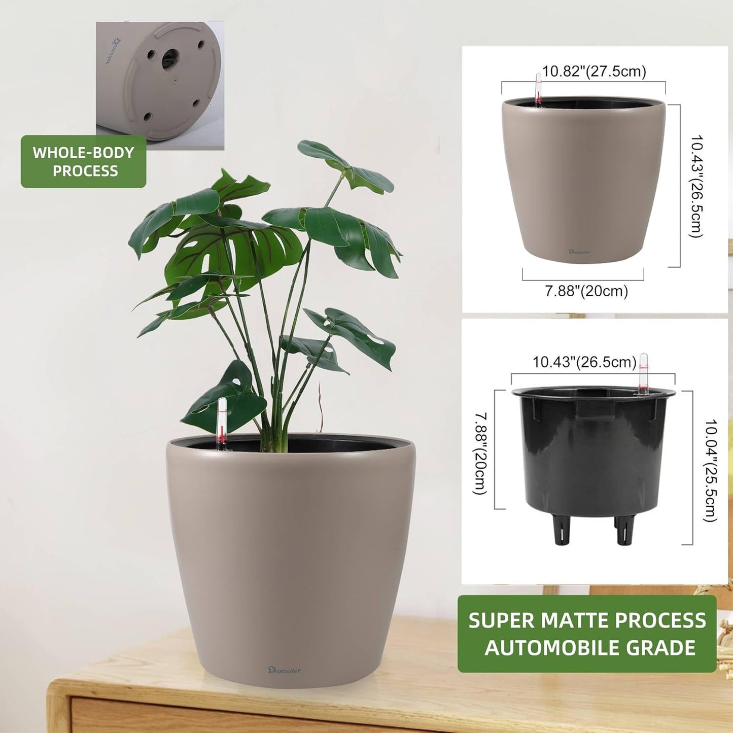 Dexceder 11x10 Inches Self Watering Planter Indoor Outdoor, Inner Pot Design, Thickened Table Flower Plant Pot with Water Level Indicator (Taupe Matte)