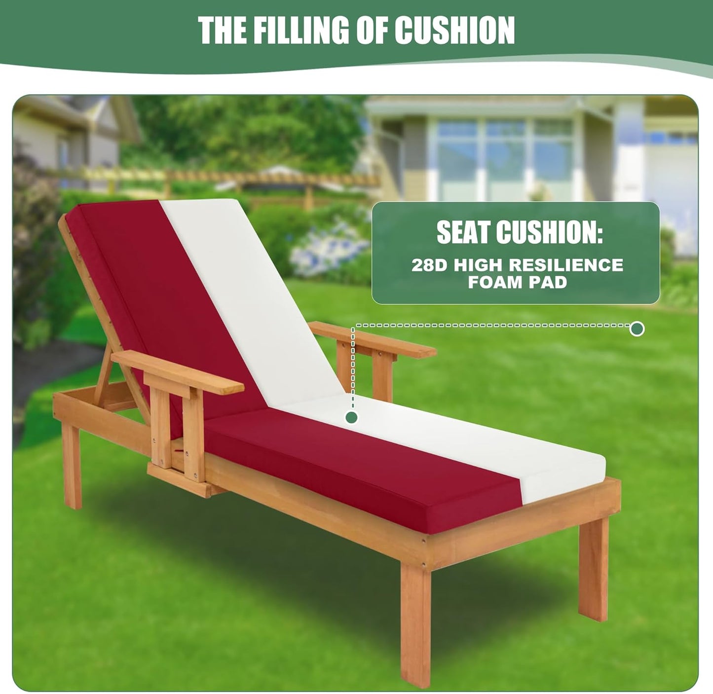 Chaise Lounge Cushions Outdoor Set of 2 - Waterproof and Fade Resistant Sun Lounger Replacement Cushions - Patio Lounger Pads with Removable Cover for Pool, Deck, Lawn, 80 x 26 x 3 Inch, Red