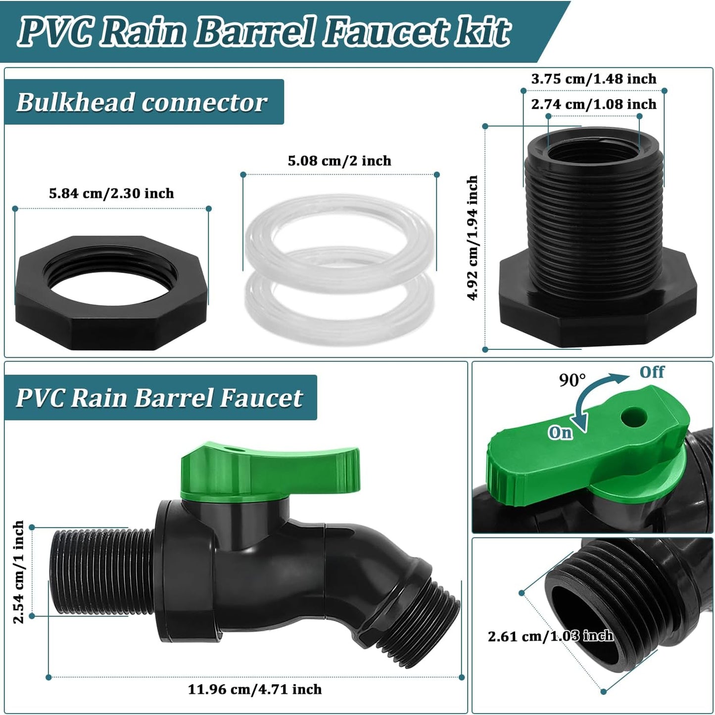 Plastic Rain Barrel Spigot Kit, High Flow Water Barrel Faucet, 3/4 PVC Rain Barrel Valve with Bulkhead Fitting for Outdoor Plastic Bucket Garden Barrels