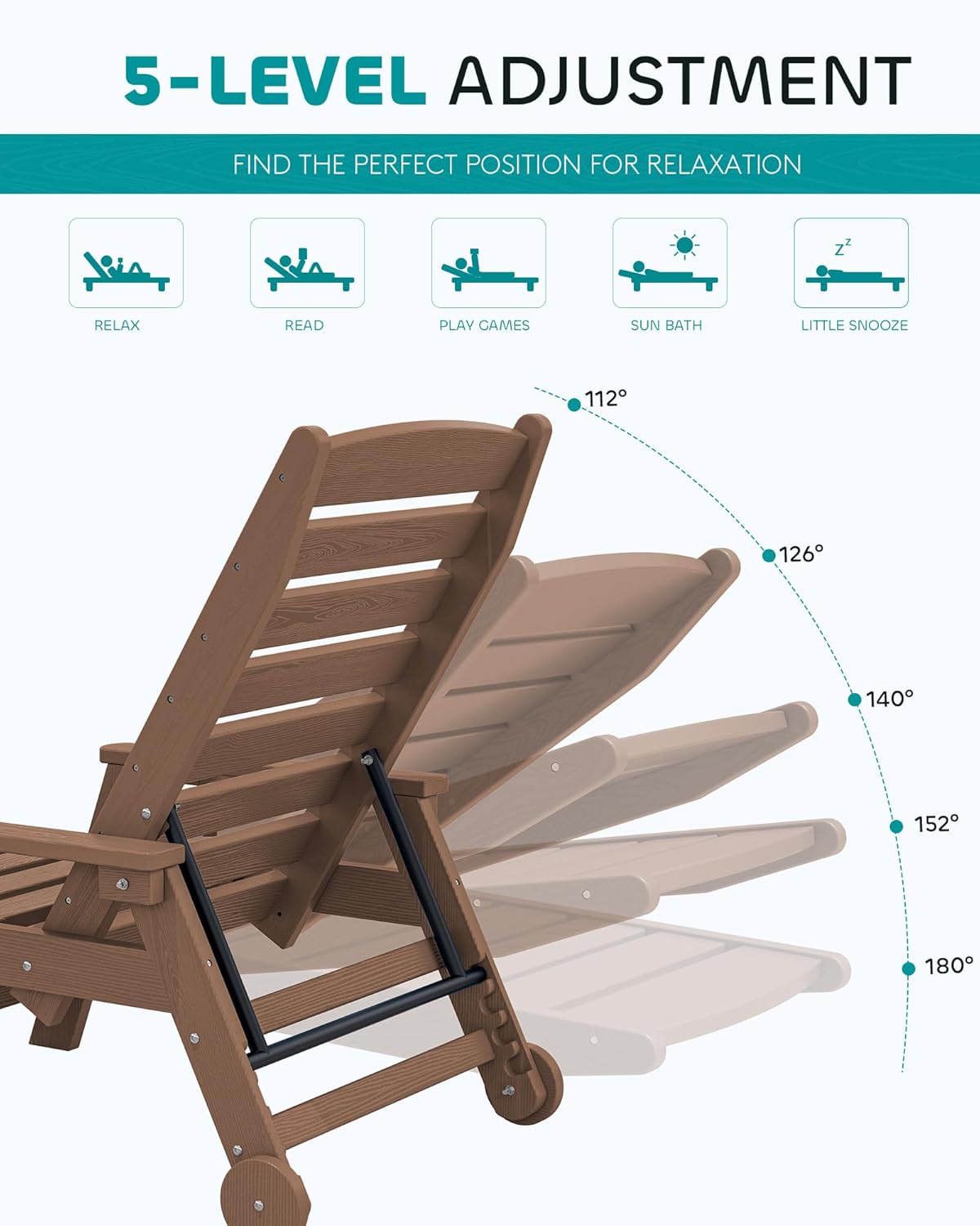 SERWALL Patio Chaise Lounge Chair Set of 2 with 9FT Patio Umbrella, 78'' HDPE Outdoor Lounger, Poly Lounge Chair with Rolling Wheels & Cup Holder for Pool,Wooden Brown (Umbreall Base not Included)