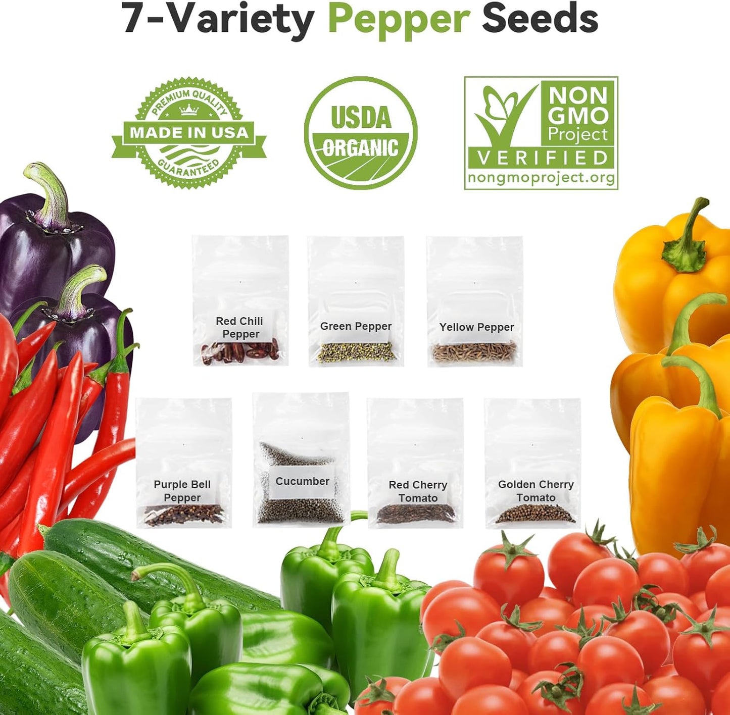 inbloom 12-Pod Pepper Seed Pod Kit for AeroGarden, iDOO, Ahopegarden Hydroponic Growing System, Include Cucumber, Red&Golden Tomato, Red Chili Pepper, Green&Yellow Pepper, Purple Pepper, 400+ Seeds