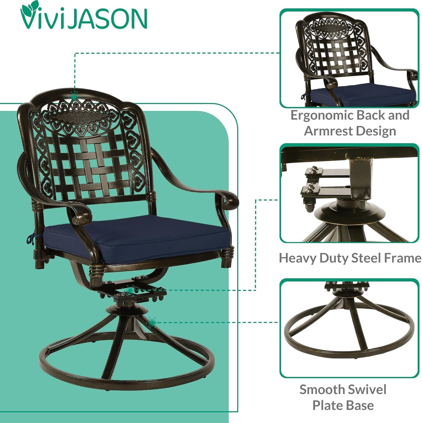 VIVIJASON 3-Piece Patio Bistro Set, Outdoor All-Weather Cast Aluminum Furniture Dining Set, Include 2 Swivel Chairs and 31" Round Table w/Umbrella Hole for Balcony, Lawn, Garden (Navy Blue Cushion)