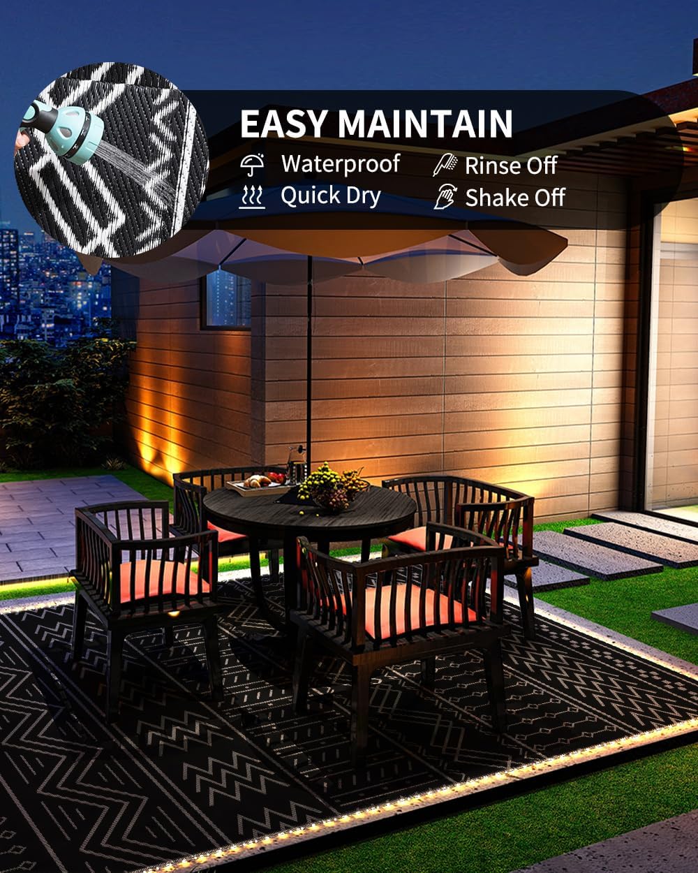 Outdoor Rug Carpet Waterproof 8x10 ft with LED Strip Lights-Patio Rug Mat Indoor Outdoor Rug for RV Camping Picnic Reversible Lightweight Plastic Straw Outside Rug for Patio Decor Decoration Boho Rug
