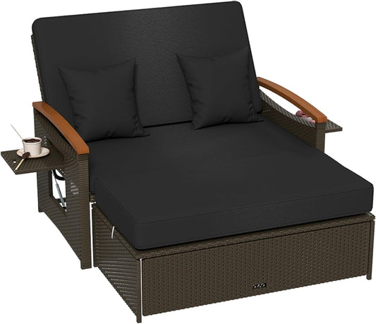 Tangkula Patio Rattan Daybed Set with Cushioned Loveseat and Storage Ottoman, Outdoor Double Chaise Lounger with 4-Level Adjustable Backrest and Retractable Side Trays for Backyard (Black)