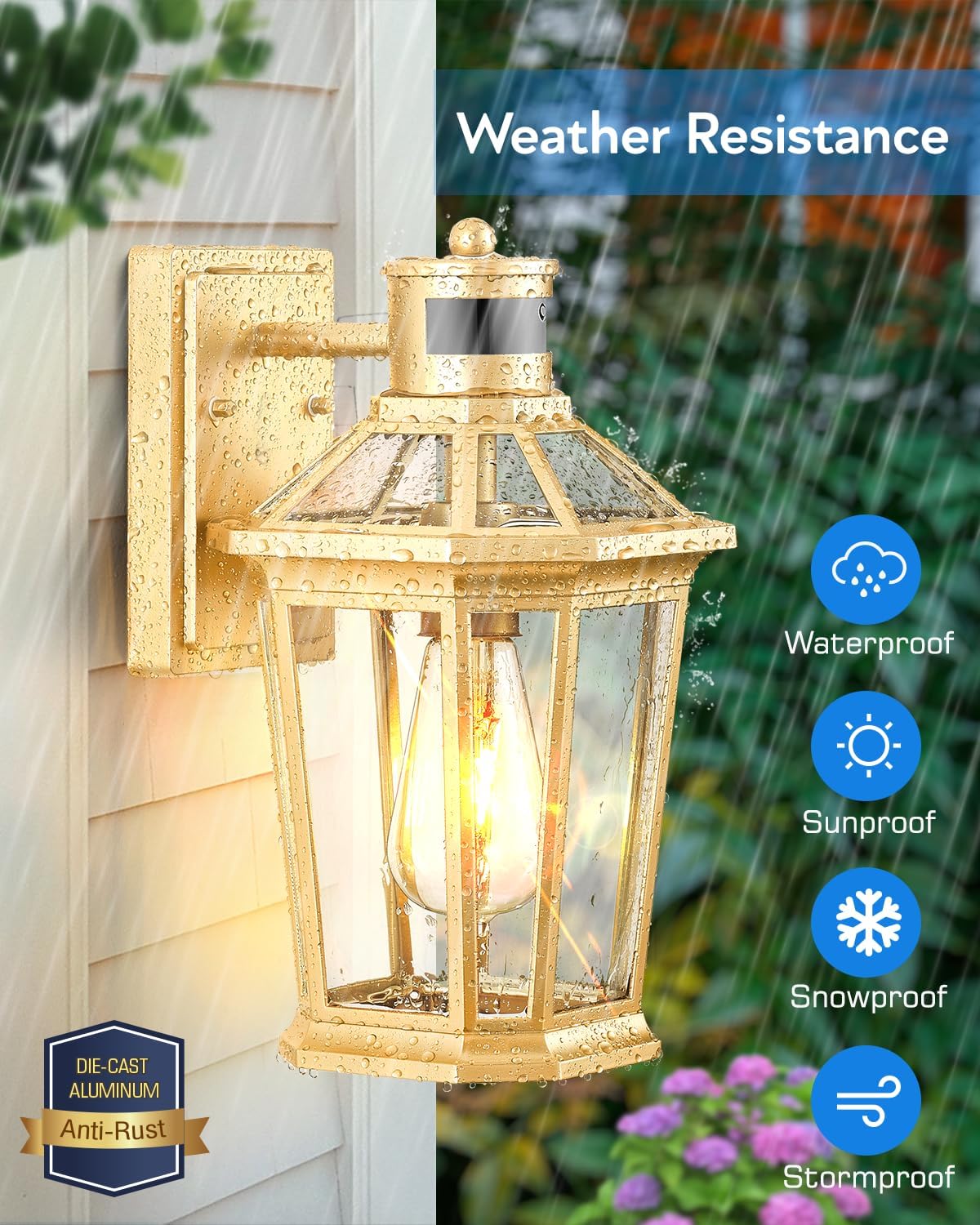 VIANIS Outdoor Wall Lights Lantern, 2 Pack Gold Motion Sensor Proch Light, Dusk to Dawn Weather Resistant Exterior Lights for House Sconce, Waterproof Garage Lights with Clear Glass Shade