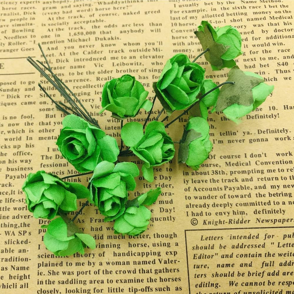 Mini Fake Rose Flower Heads 144pcs Mini Artificial Mulberry Paper Roses Flower with Wire Stem DIY Wedding Flowers Accessories Make Bridal Hair Clips Headbands Dress (Green)