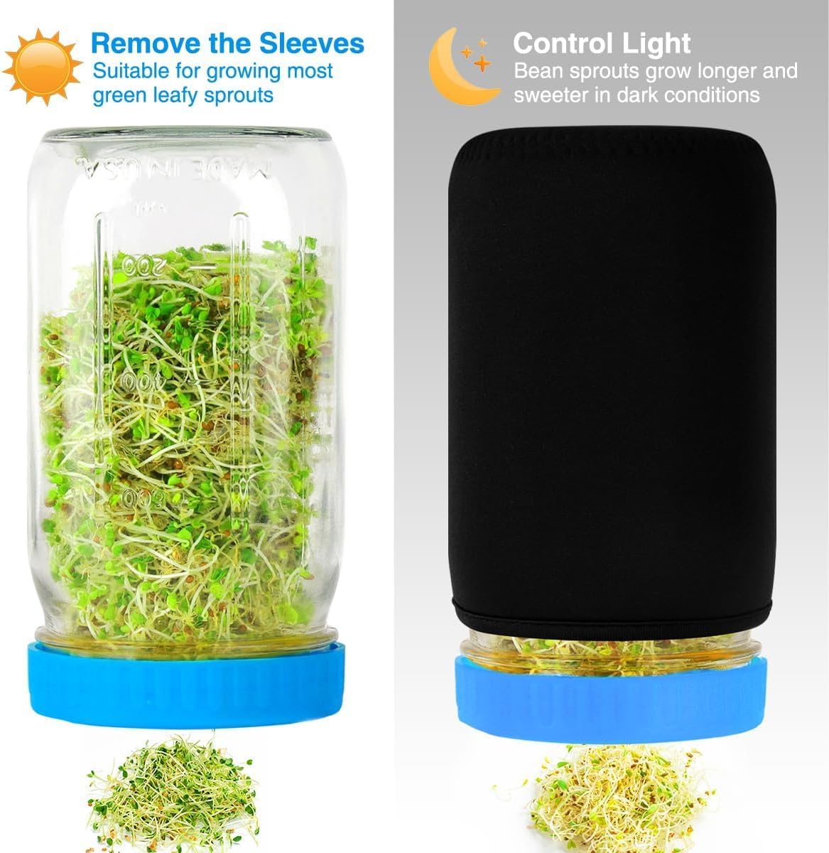 Organic Seed Sprouting Jar Kit – 2 × 32 oz Wide-Mouth Mason Jars with Stainless-Steel Sprouter Lids & Stand, Blackout Sleeves, Drain Tray – Grow Broccoli, Alfalfa & Bean Microgreens