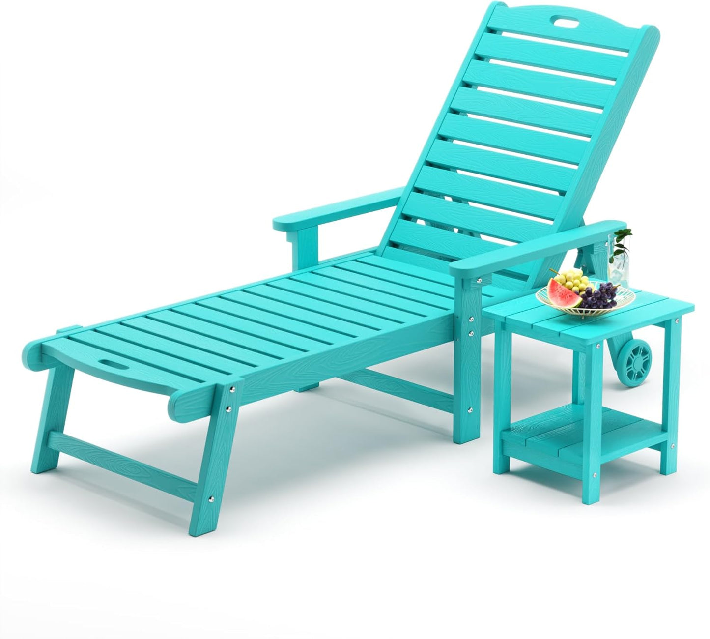 LUE BONA Chaise Lounge Chair with Table, 2-Piece, 79'' Oversized HDPS Chaise Lounger, 5 Positions Adjustable Lounge Chairs, Pool Lounge Chair with Wheels for Poolside, 3 Year Warranty, Aruba Blue