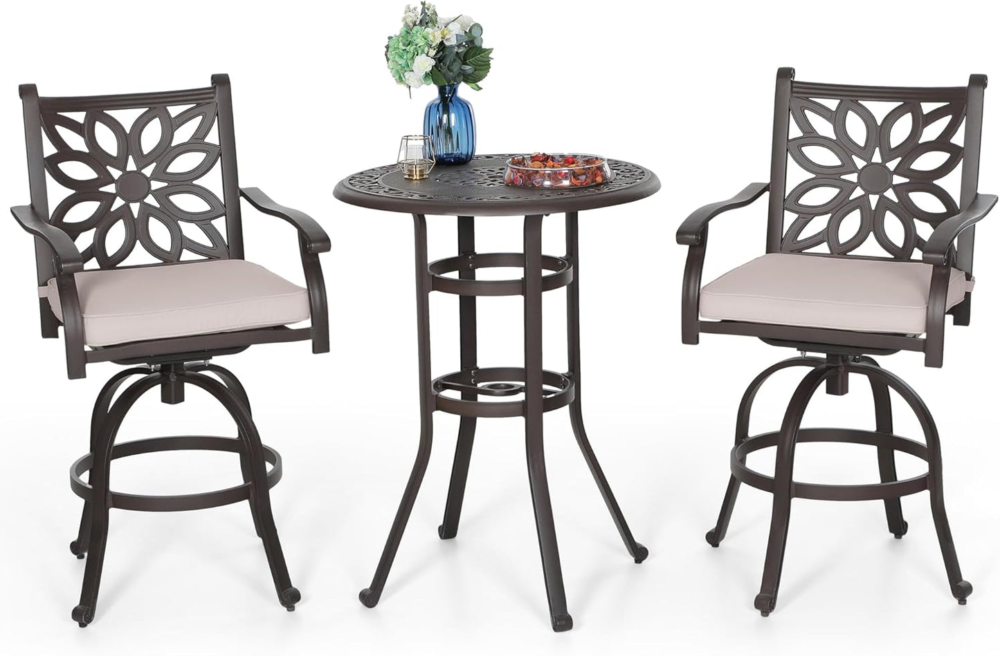 PHI VILLA Patio Furniture Set, Brown 3Pcs Cast Aluminum High Top Table and Swivel Bar Stools with Cushion, Pub Bistro Set for Outdoor