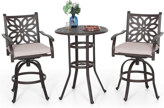 PHI VILLA Patio Furniture Set, Brown 3Pcs Cast Aluminum High Top Table and Swivel Bar Stools with Cushion, Pub Bistro Set for Outdoor