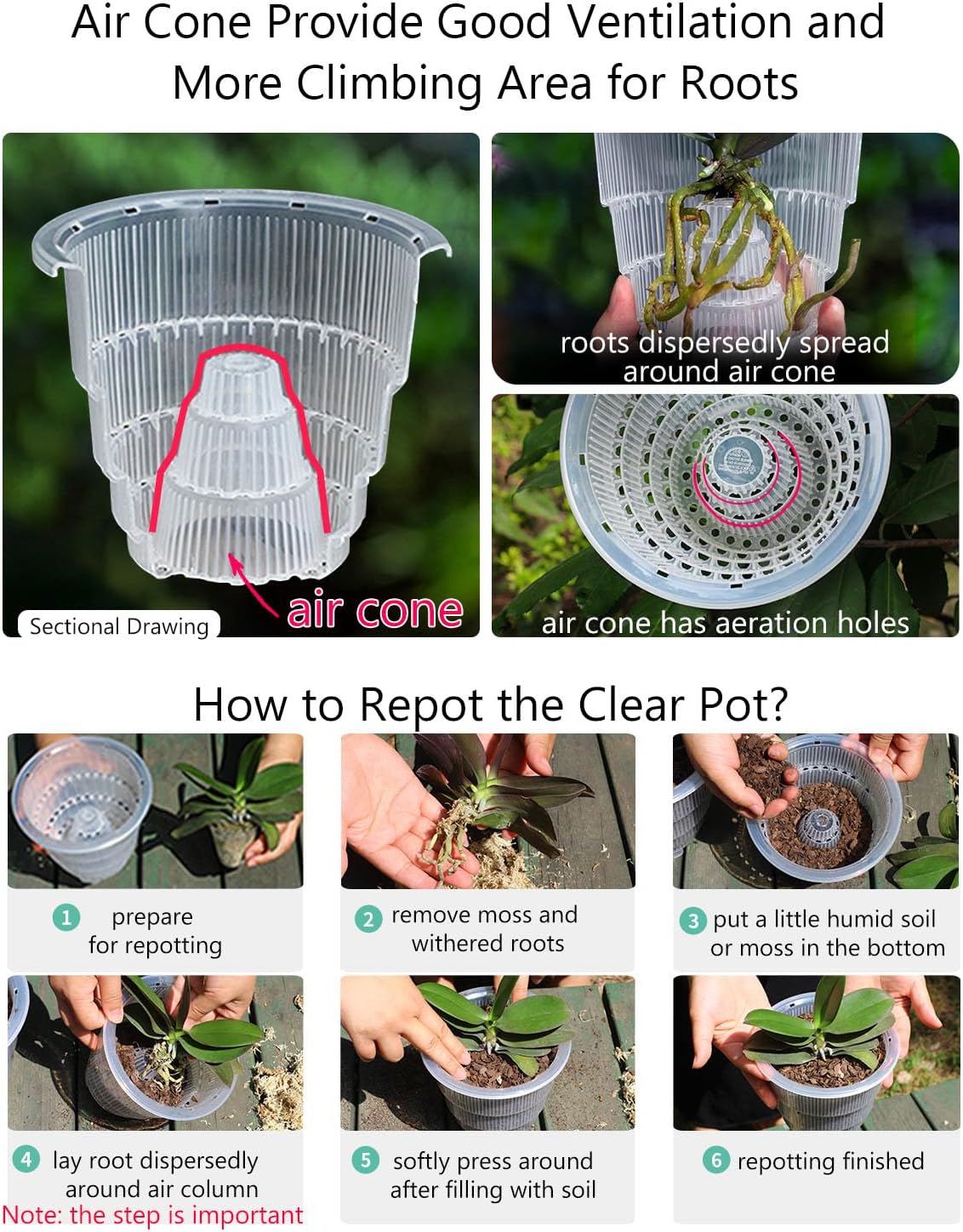 5 inch Orchid Pots with Holes for Repotting with Excellent Airflow, Set of 1, Double Layer Plastic Imitate Ceramic Orchid Planter, Clear Orchid Pot Match Decorative Orchid Container