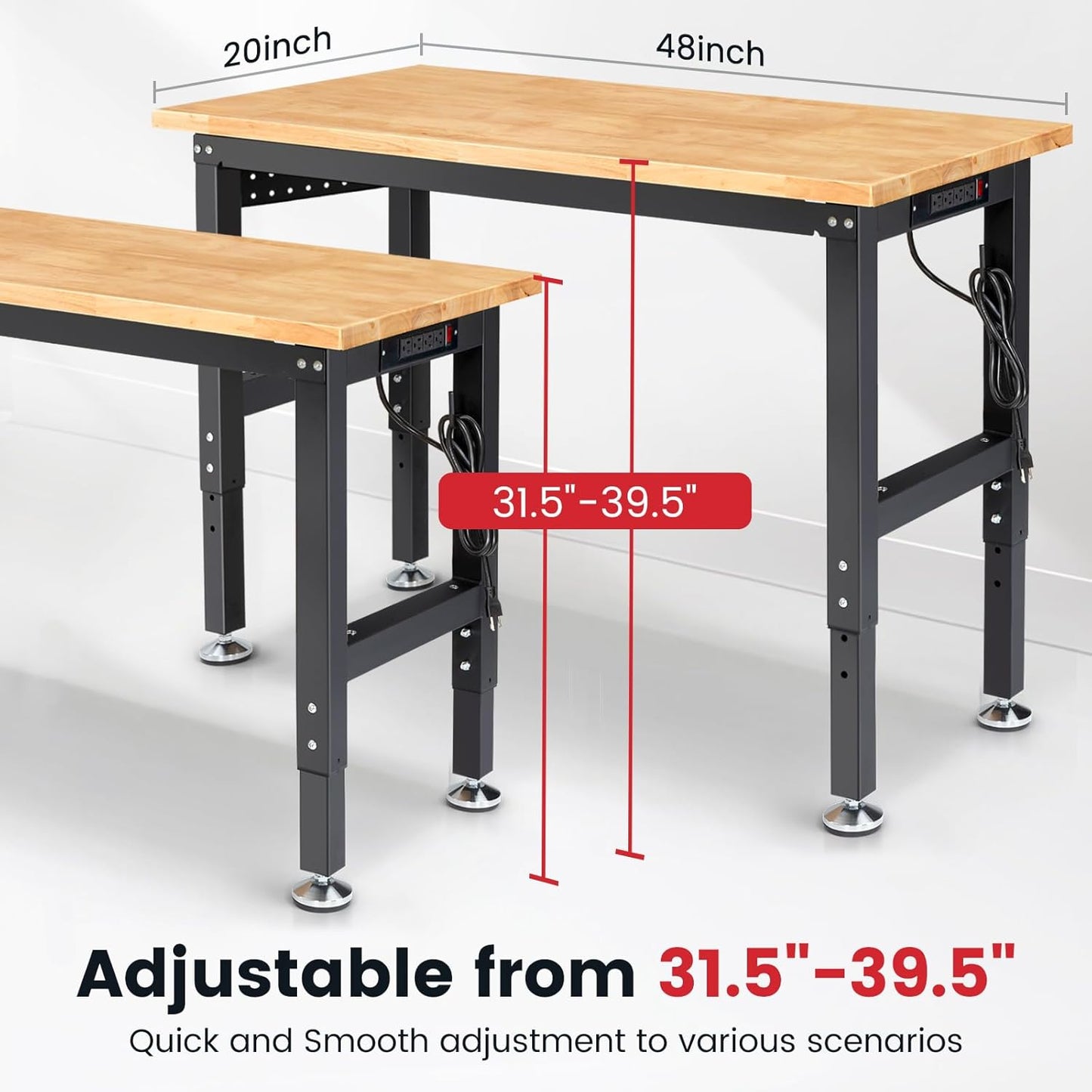 Work Bench for Garage 48 x 20 Inch Adjustable Height Rubberwood Tabletop Work Table with Pegboard, Power Outlets Garage Workbench for Woodworking Shop, Home, Office, Electronic Cutting Wood