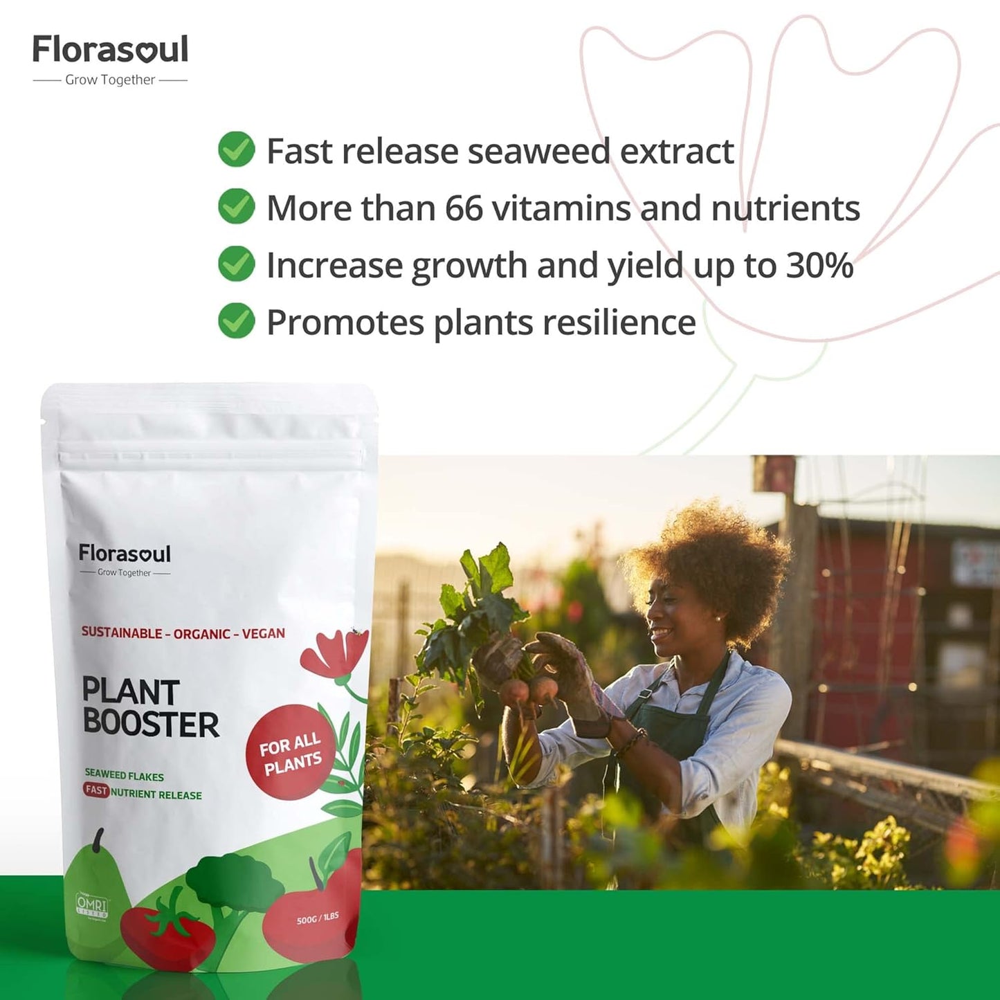 Florasoul® Plant Booster – Organic Vegan Fertilizer for Self-Sufficient Gardeners! All-Purpose, Nutrient-Rich Plant Food for Lush Growth, Vibrant Flowers & Healthy Soil – 100% Natural, Pet-Safe