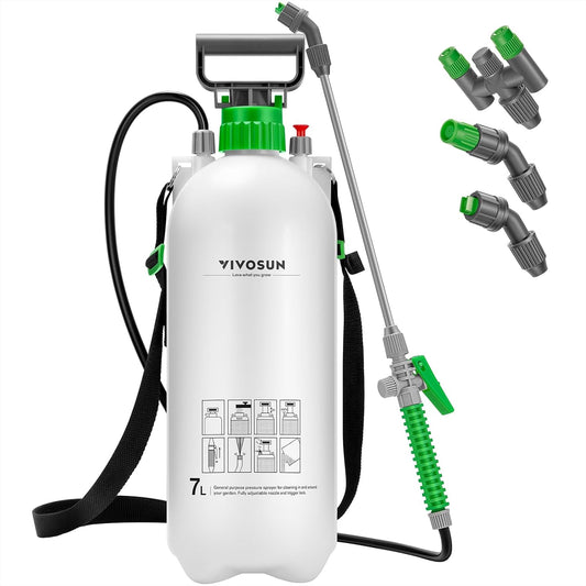 VIVOSUN 1.8 Gal/7L Pump Sprayer, Garden Water Sprayer for Plants, Weeds & Lawn Care, with 3 Nozzles, 50'' Long Hose & Pressure Relief Valve