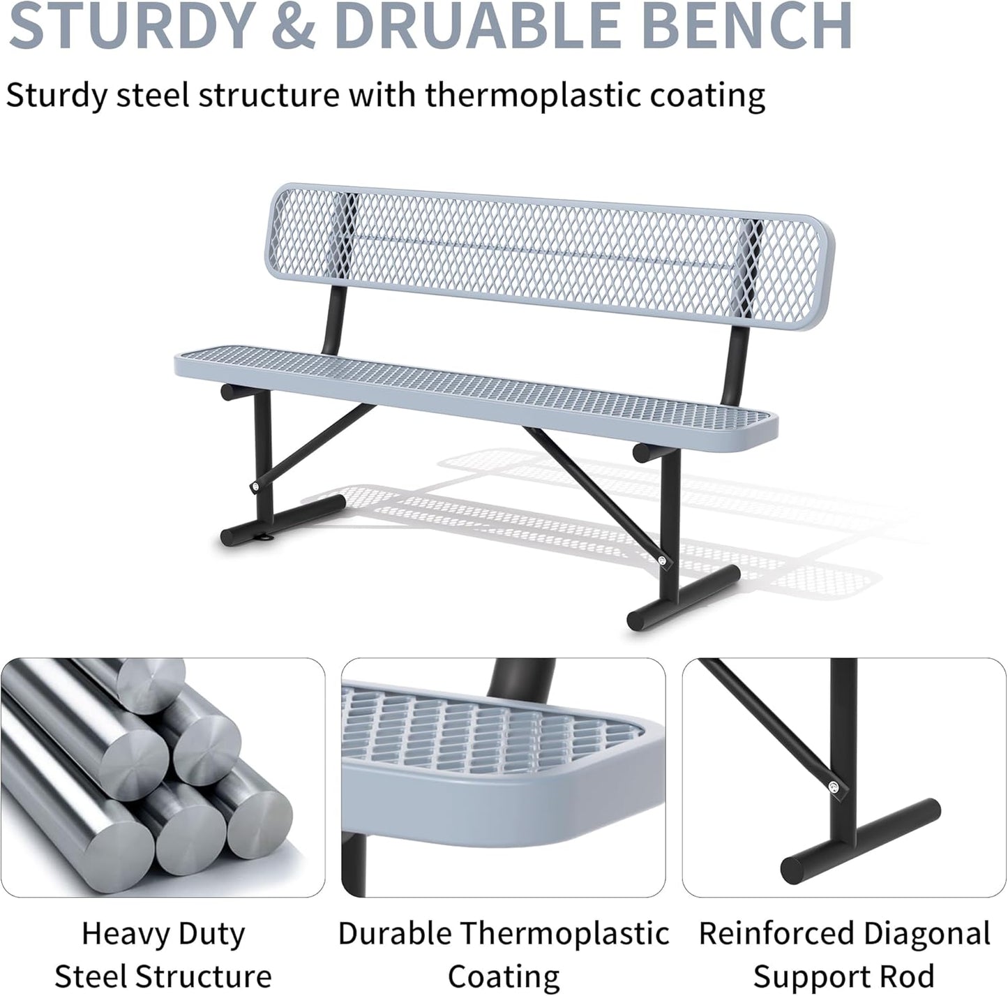 4/6/8 Feet Park Bench for Outside Heavy Duty Metal, Garden Benches Outdoor Bench with Backrest & Portable Frame, for Shopping Malls Stores Parks Patios Decks, Grey