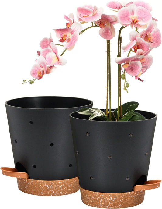 Orchid Pots with Holes, 6 Inch Self Watering Orchid Pot 2 Pack Plastic Plant Pots for Orchid, Flower (Black+Brown)