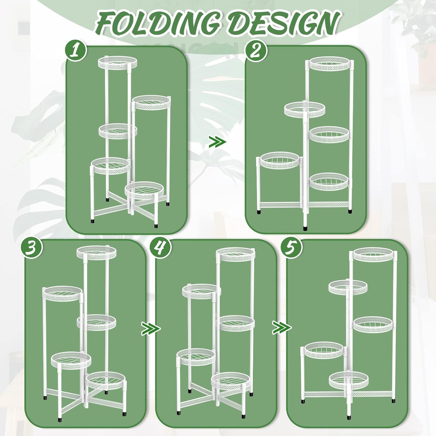 iDavosic.ly Plant Stand Indoor Outdoor, 5 Tier Corner Metal Flower Display Holder Shelf, Folding Tall Orchid Rack for Patio Balcony Porch Garden Living Room House, Wrought Iron - White