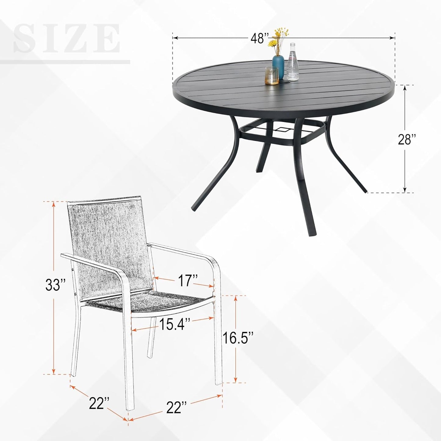 7-Piece Outdoor Dining Set, 48'' Round Table with 6 Stackable Chairs All Weather Furniture Set - Beige Grey