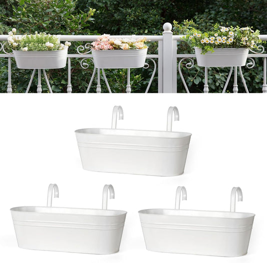 Dahey 3 Pcs Metal Iron Hanging Flower Pots for Railing Fence 15.7 Inch Hanging Bucket Pots Countryside Style Window Flower Plant Holder with Detachable Hooks for Garden Yard Home Decor, White