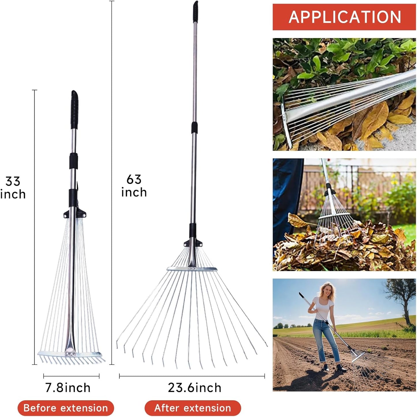 Adjustable Garden Metal Rake -32 to 63 Inch ,Hand Weed Collapsible Camping Landscape Dethatcher Rake for Leaves Shrub Yard Lawns,Leveling Yard Tool,Black