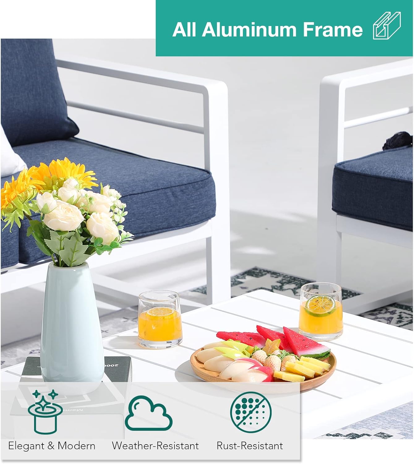 Patiorama Aluminum Patio Furniture Set, Outdoor Patio Loveseat, 2 Seat Sofa Couch, All Weather White Metal Chair with Olefin Cushion, Deep Seating, 600 lbs Capacity, Deck, Garden-Blue Cushion