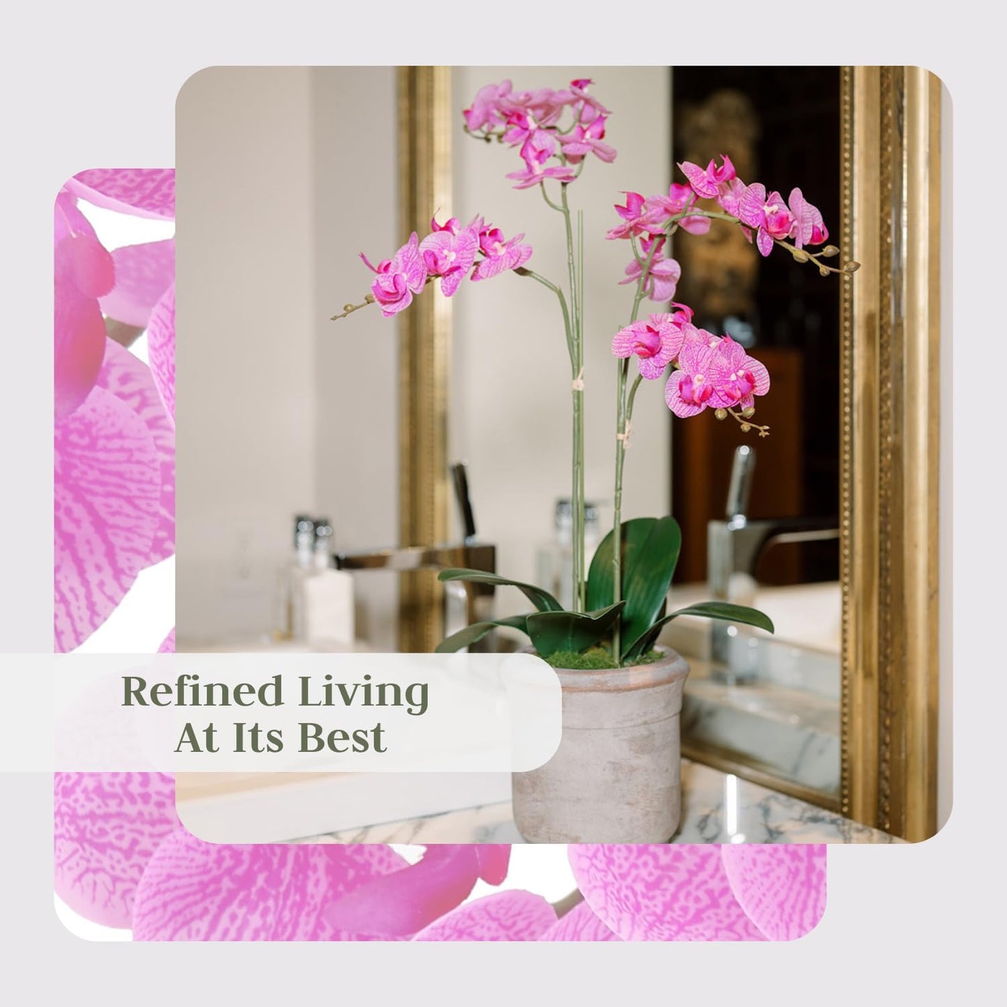 Faux Pink Orchid Plant, Premium Artificial Indoor Flower Display Stands 24”, Beautiful Sculptural Blooms That Lasts Forever, Grey Planter Pot Included