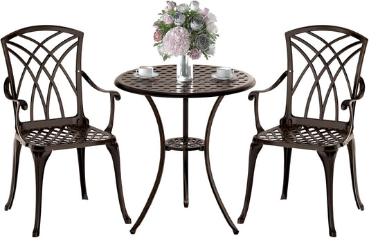 Patio Bistro Set 3 Piece, Cast Aluminum Bistro Set for 2 w/Umbrella Hole, Outdoor Table and Chairs Set of 2, Bistro Set for Balcony/Backyard/Garden, Bronze