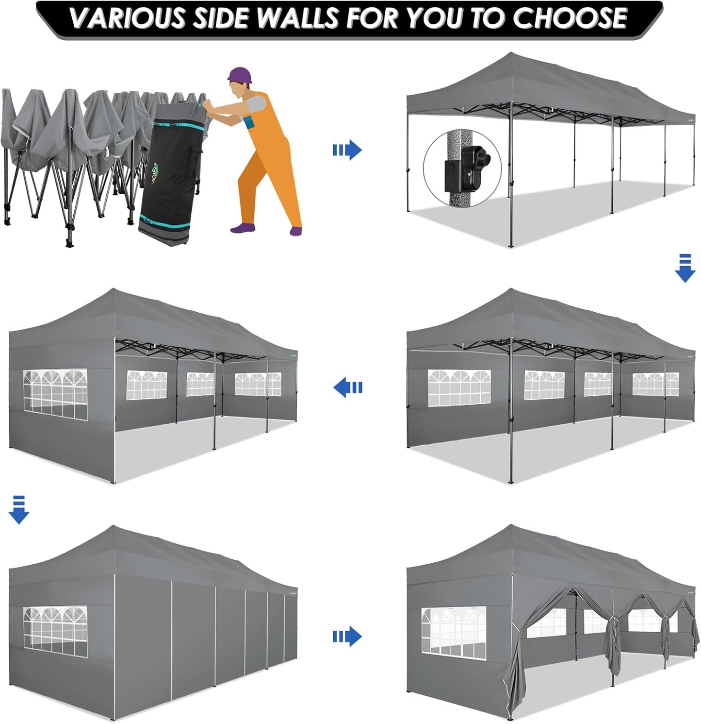 COBIZI 10x30 Pop up Canopy Tent 10x30 Canopy with Sidewalls, Heavy Duty Party Tent Tents for Parties, Foldable UPF 50+ Waterproof Commercial Ez up Canopy with Roller Bag, Grey(Windproof Upgraded)