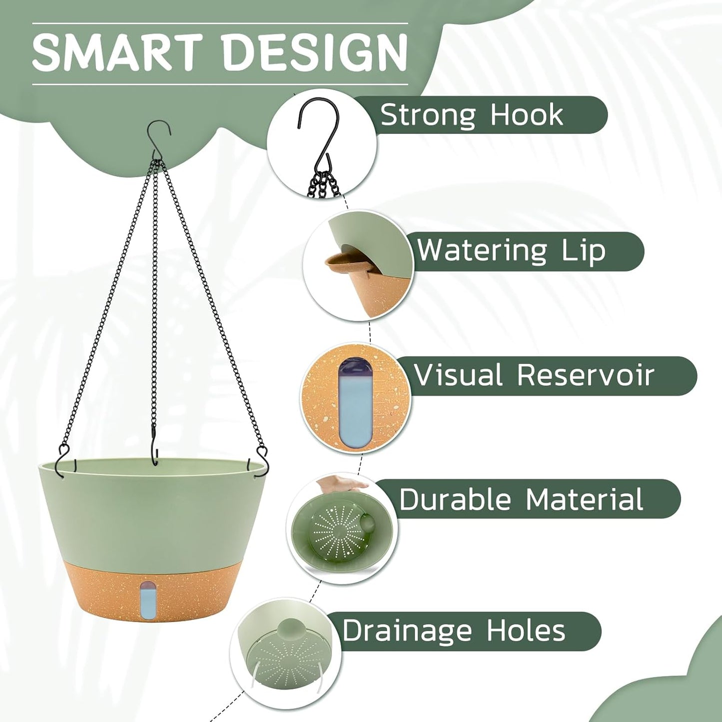 ZMTECH 12 Inch Hanging Planters for Indoor Plants, 2 Pack Self Watering Hanging Planter with Visual Reservoir, Hanging Pots for Plants Outdoor with Drainage Hole and Plant Hanger(Green)