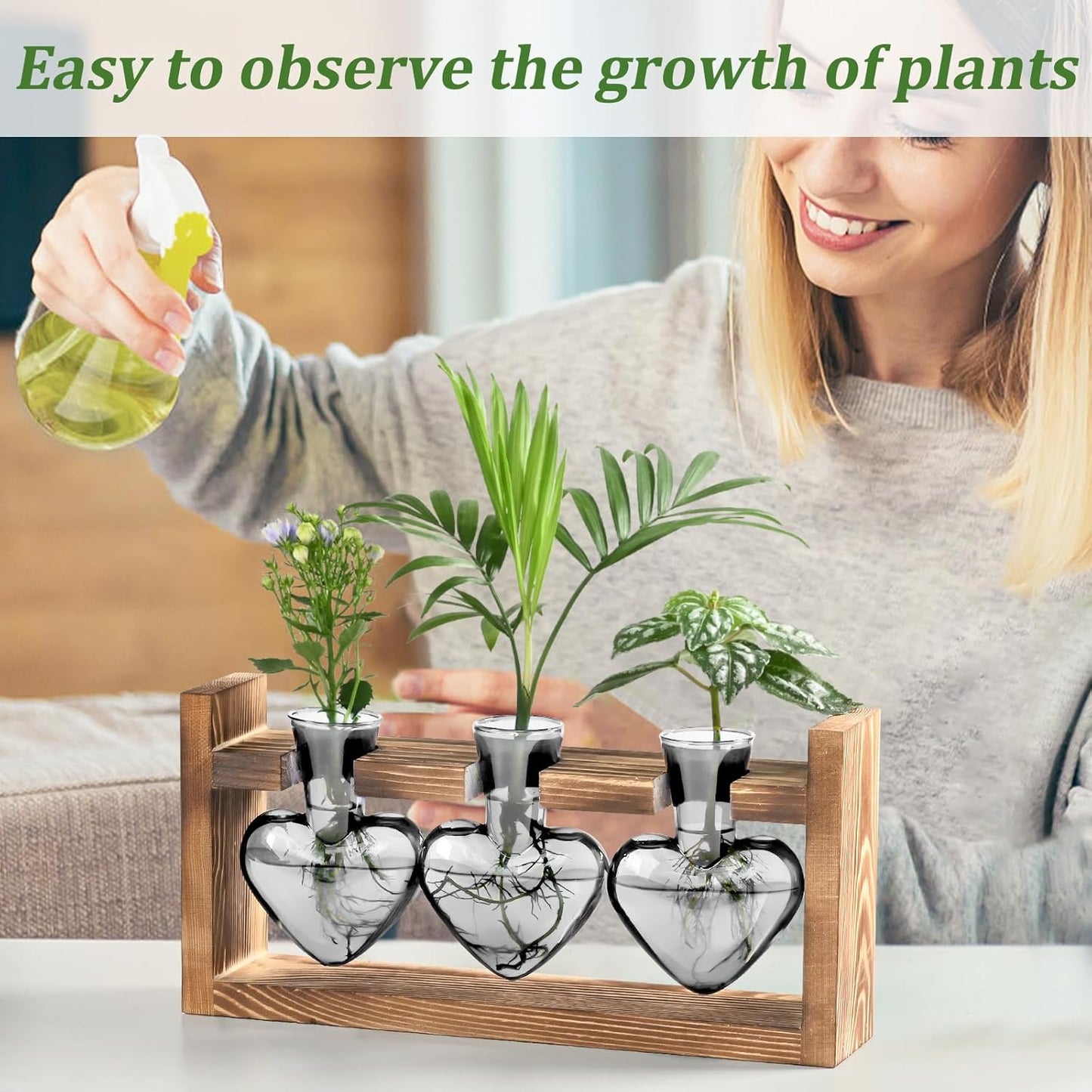 Lifecapido Heart Shaped Propagation Stations, Plant Terrarium with Wooden Stand, Plant Propagation Station for Hydroponics Plants Office Garden Home Decor, Gifts for Women Plant Lover (3 Vases, Gray)