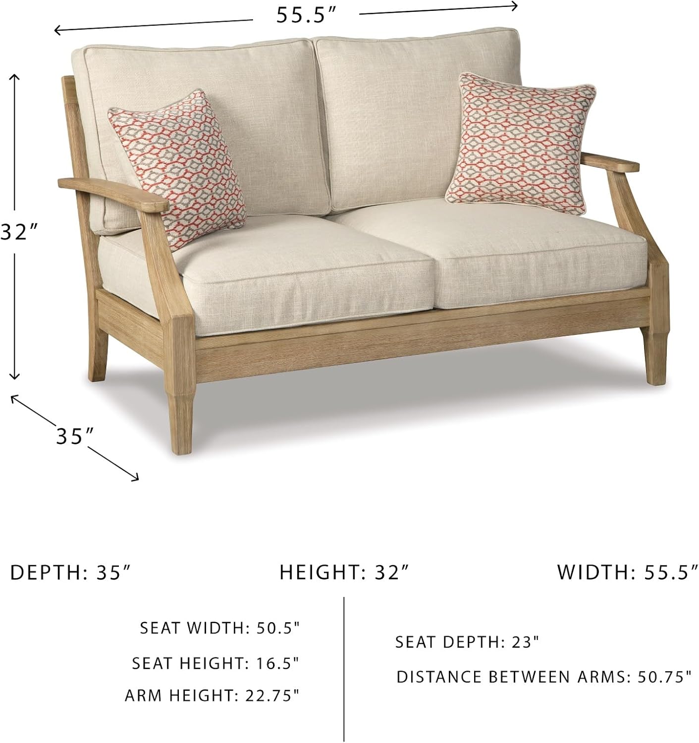 Signature Design by Ashley Clare View Coastal Outdoor Patio Eucalyptus Loveseat with Cushions, Beige