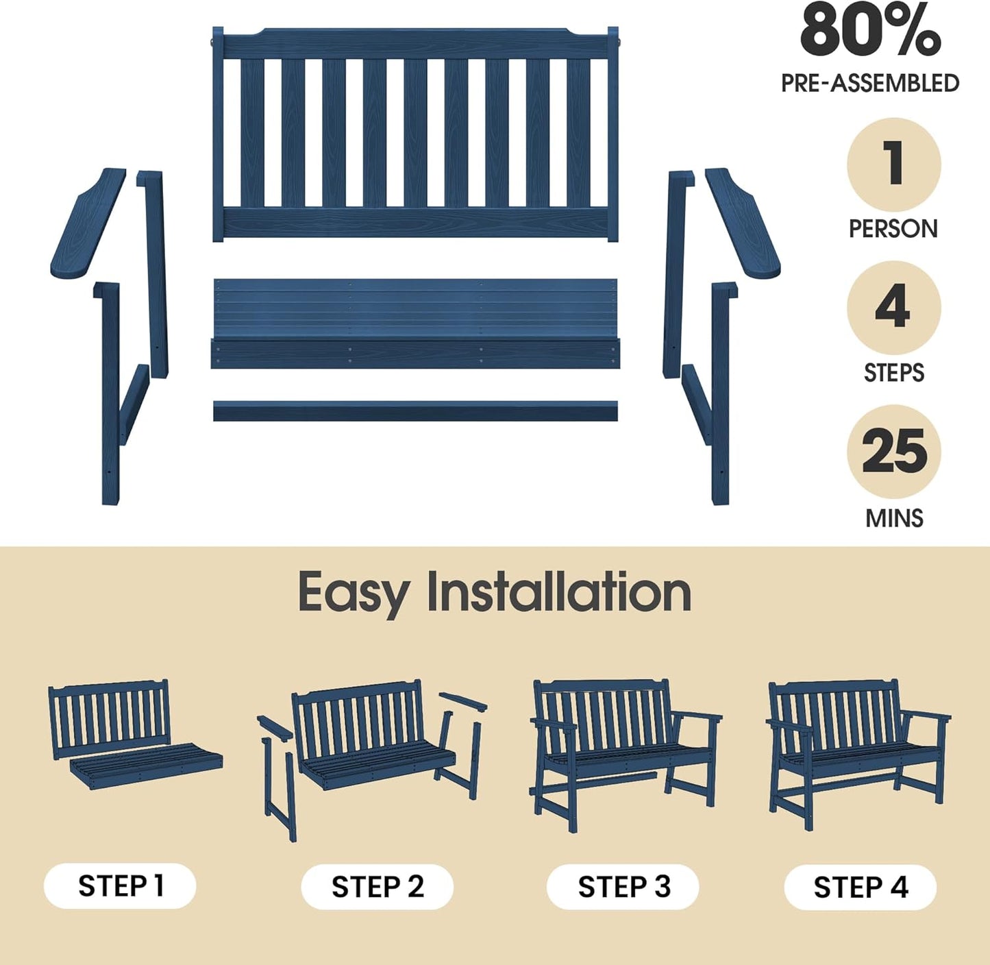 Ciokea 46" Heavy Duty Outdoor Bench, HDPE Weatherproof Garden Benches, Durable 2-Person Porch Benches with 660 Lbs, Waterproof Patio Bench for Outside Balcony Deck Backyard, Navy Blue