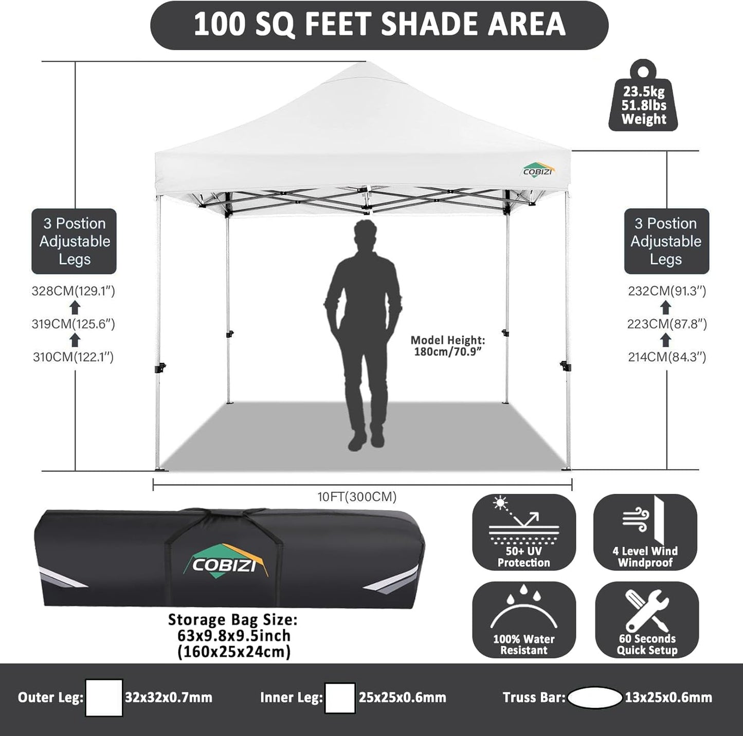 COBIZI 10x10 Pop Up Canopy Without Sidewall,Heavy Duty Canopy UPF 50+ All Season Wind Waterproof Commercial Outdoor Wedding Party Tents for Parties Canopy Gazebo with Carry Bag(10 x 10 ft White)