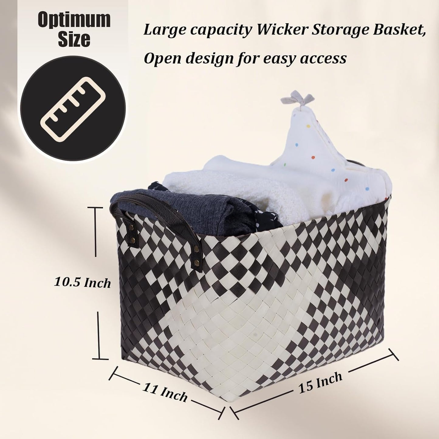 BROWNLILY Handwoven Clothes Basket Laundry Hampers Large Wicker Storage Baskets for Shelves Blankets Closet Storage Bins Car Bedroom Bathroom Organizers and Storage Bath (Pack of 4, Beige & Black)