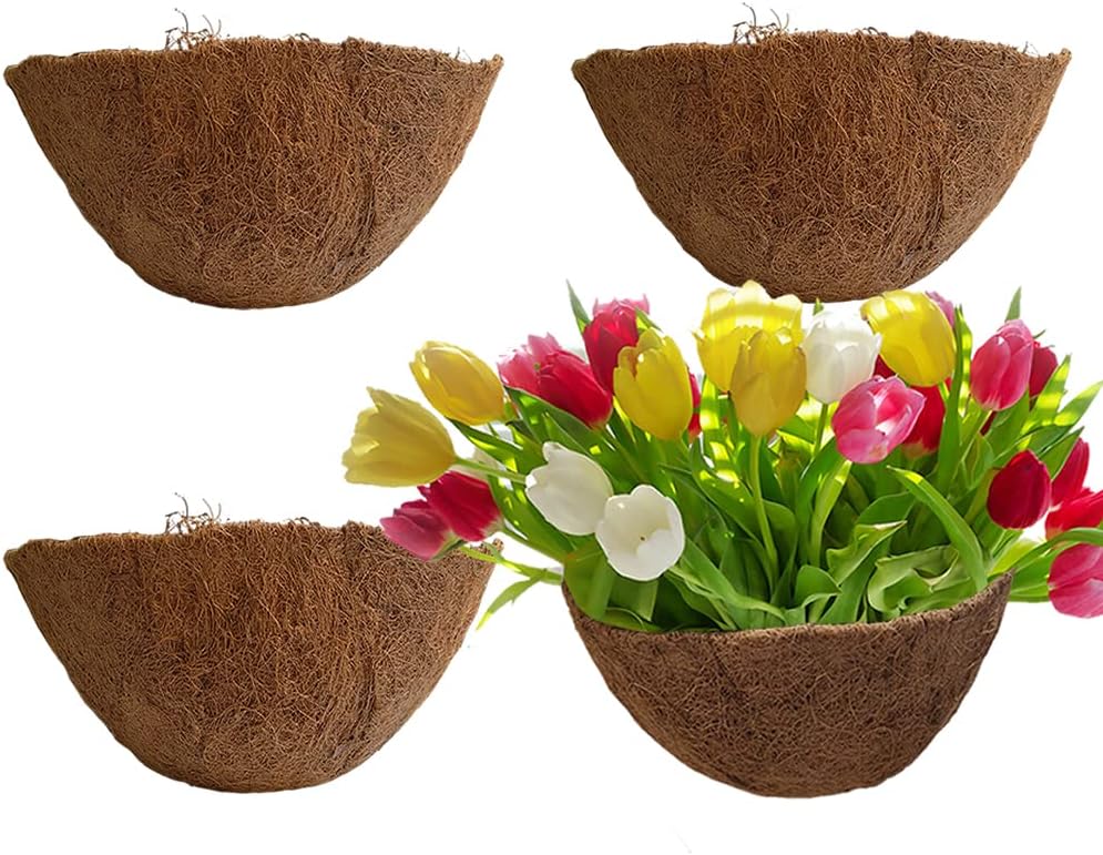 4PCS Coco Liner for Hanging Basket 24 Inch Round 100% Natural Planter Liner Replacement Plant Basket Liners Coco Fiber Liner for Garden Planters Coconut Coir Liner Flower Pot for Hanging Basket