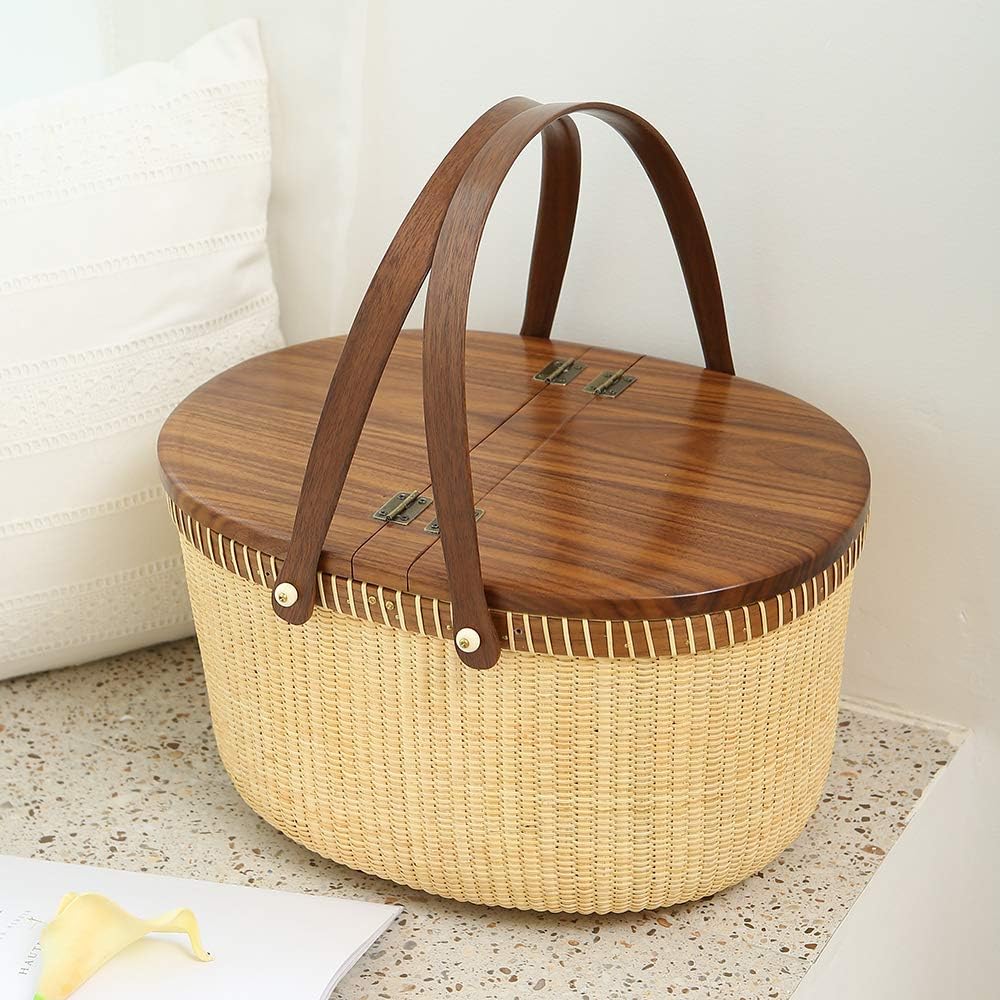 Nantucket Basket Crafts Cane-on-Cane Weave Picnic Basket Shopping Basket Basket Storage Basket Two Swing Handles (Black Walnut Activity Double Open)